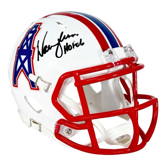 Warren Moon Signed HOF 06 Inscription Houston Oilers 1981-98 Throwback Speed Mini Football Helmet (JSA)