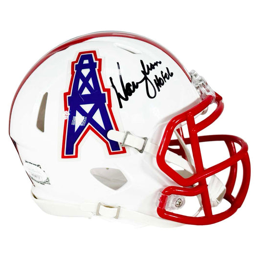 Warren Moon Signed HOF 06 Inscription Houston Oilers 1981-98 Throwback Speed Mini Football Helmet (JSA)