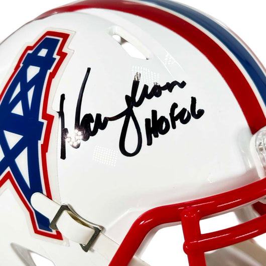 Warren Moon Signed HOF 06 Inscription Houston Oilers 1981-98 Throwback Speed Mini Football Helmet (JSA)