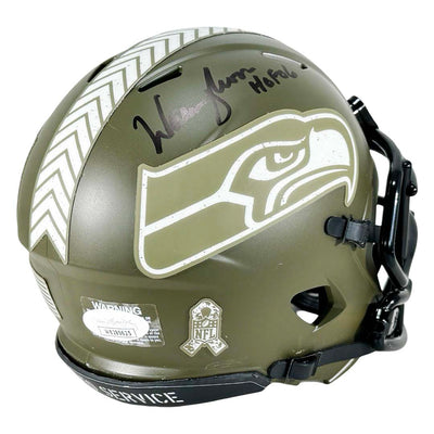 Warren Moon Signed HOF 06 Inscription Seattle Seahawks Salute to Service Speed Mini Football Helmet (JSA)
