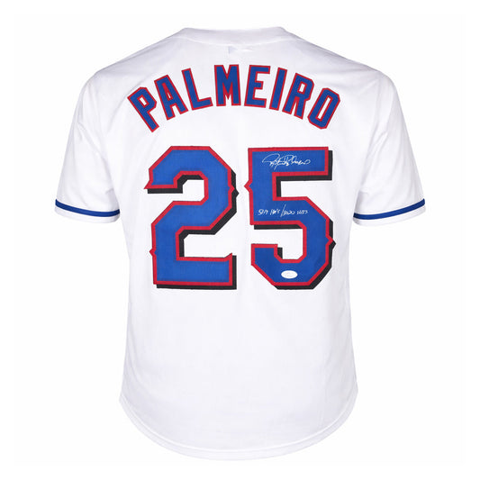 Rafael Palmeiro Signed 569hrs 3020 hits Inscription Texas White Shadow Numbers Baseball Jersey (JSA)