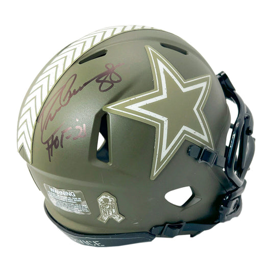 Drew Pearson Signed HOF 21 Dallas Cowboys Salute to Service Mini Football Helmet Black Ink (JSA)