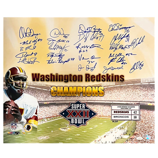 Redskins Super Bowl XXII Champions Signed 23 Signature Football 20x24 Photo (JSA)