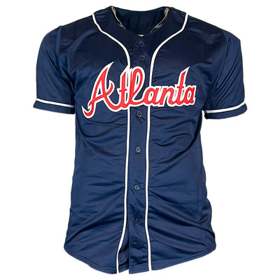 John Rocker Signed F*** NY Inscription Atlanta Navy Baseball Jersey (Beckett)