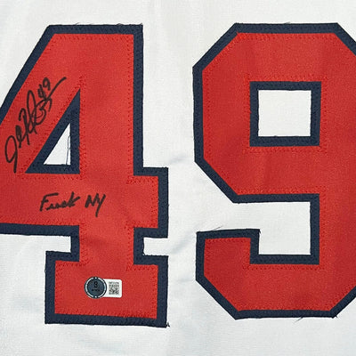 John Rocker Signed F*** NY Inscription Atlanta White Baseball Jersey (Beckett)