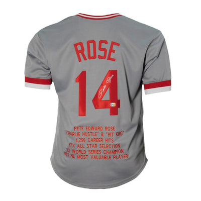 Pete Rose Signed Stats Cincinnati Pro Edition Grey Jersey (JSA)