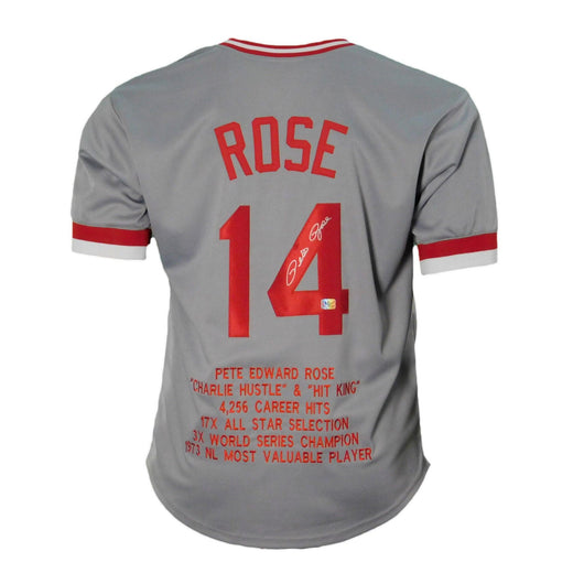 Pete Rose Signed Stats Cincinnati Pro Edition Grey Jersey (JSA)