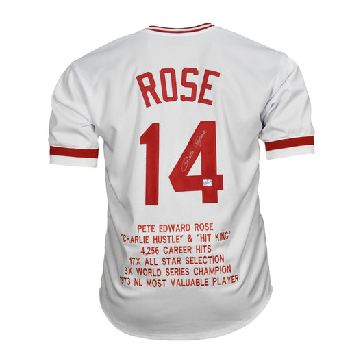 Pete Rose Signed Stats Cincinnati Pro Edition White Jersey (JSA)