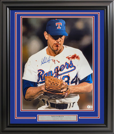 Nolan Ryan Autographed Framed 16x20 Photo Texas Rangers Bloody Beckett BAS QR Stock #220537