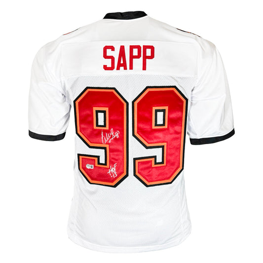 Warren Sapp Signed HOF 13 Inscription Tampa Bay White Football Jersey Silver Ink (Beckett)