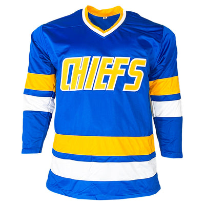 Slap shot Movie Signed Three Signature Old Time Hockey Inscription Blue Hockey Jersey (Beckett)