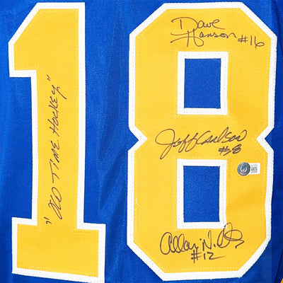 Slap shot Movie Signed Three Signature Old Time Hockey Inscription Blue Hockey Jersey (Beckett)