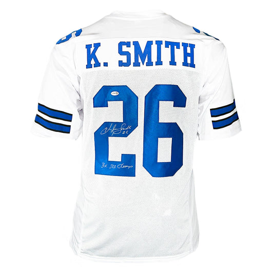 Kevin Smith Signed 3x SB Champ Inscription Dallas White Football Jersey (Beckett)
