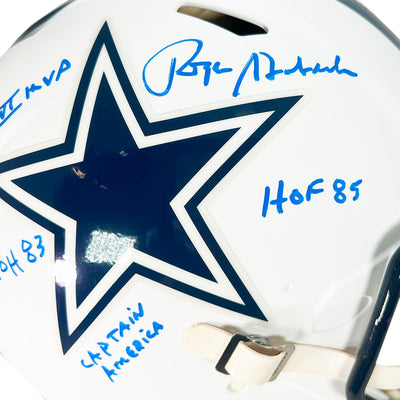 Roger Staubach Signed Multi-Inscription Dallas Cowboys Authentic Flat White Speed Full-Size Football Helmet (Beckett)
