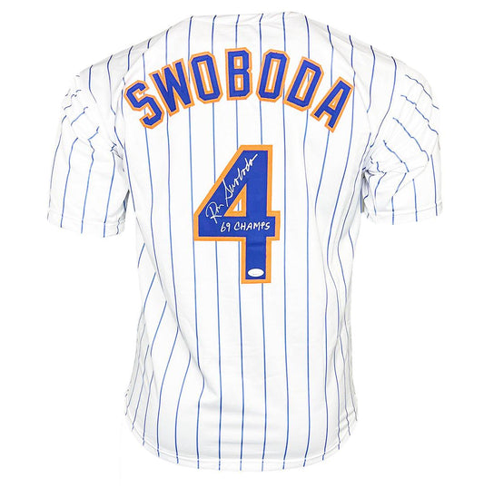 Ron Swoboda Signed 69 Champs Inscription New York Pinstripe Baseball Jersey (JSA)