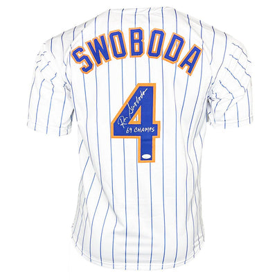 Ron Swoboda Signed 69 Champs Inscription New York Pinstripe Baseball Jersey (JSA)