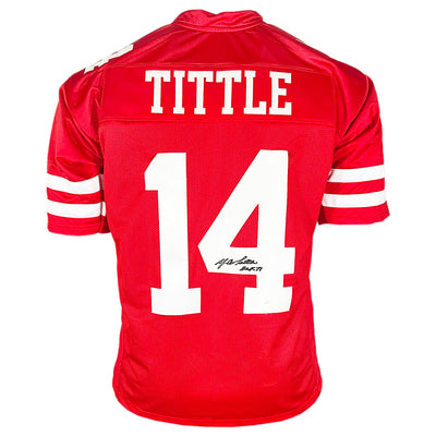 YA Tittle Signed HOF 71 Inscription San Francisco Red Football Jersey (JSA)