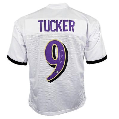 Justin Tucker Signed Baltimore Pro White Football Jersey (Beckett)