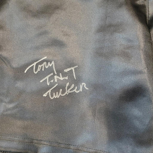 Tony Tucker Signed "TNT" Black Boxing Trunks (JSA)