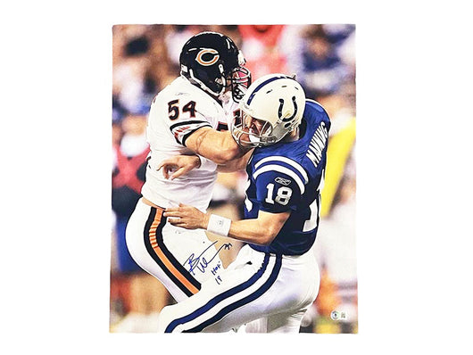 Brian Urlacher Signed HOF 18 Inscription Chicago Holding Manning Football 11x14 Photo (Beckett)