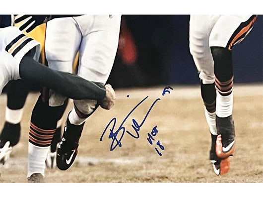 Brian Urlacher Signed HOF 18 Inscription Chicago Intercepting Rodgers Football 11x14 Photo (Beckett)