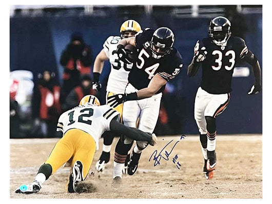 Brian Urlacher Signed HOF 18 Inscription Chicago Intercepting Rodgers Football 11x14 Photo (Beckett)