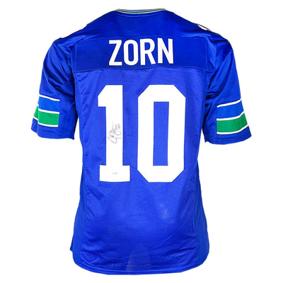 Jim Zorn Signed Prov 22:1 Inscription Seattle Royal Blue Bled Signature Football Jersey (JSA)